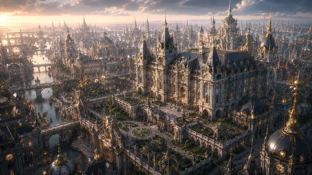 Vue aérienne du Domaine des Rosaces, demeure monumentale de Kageyori au cœur de l’immense Cité des Arts.